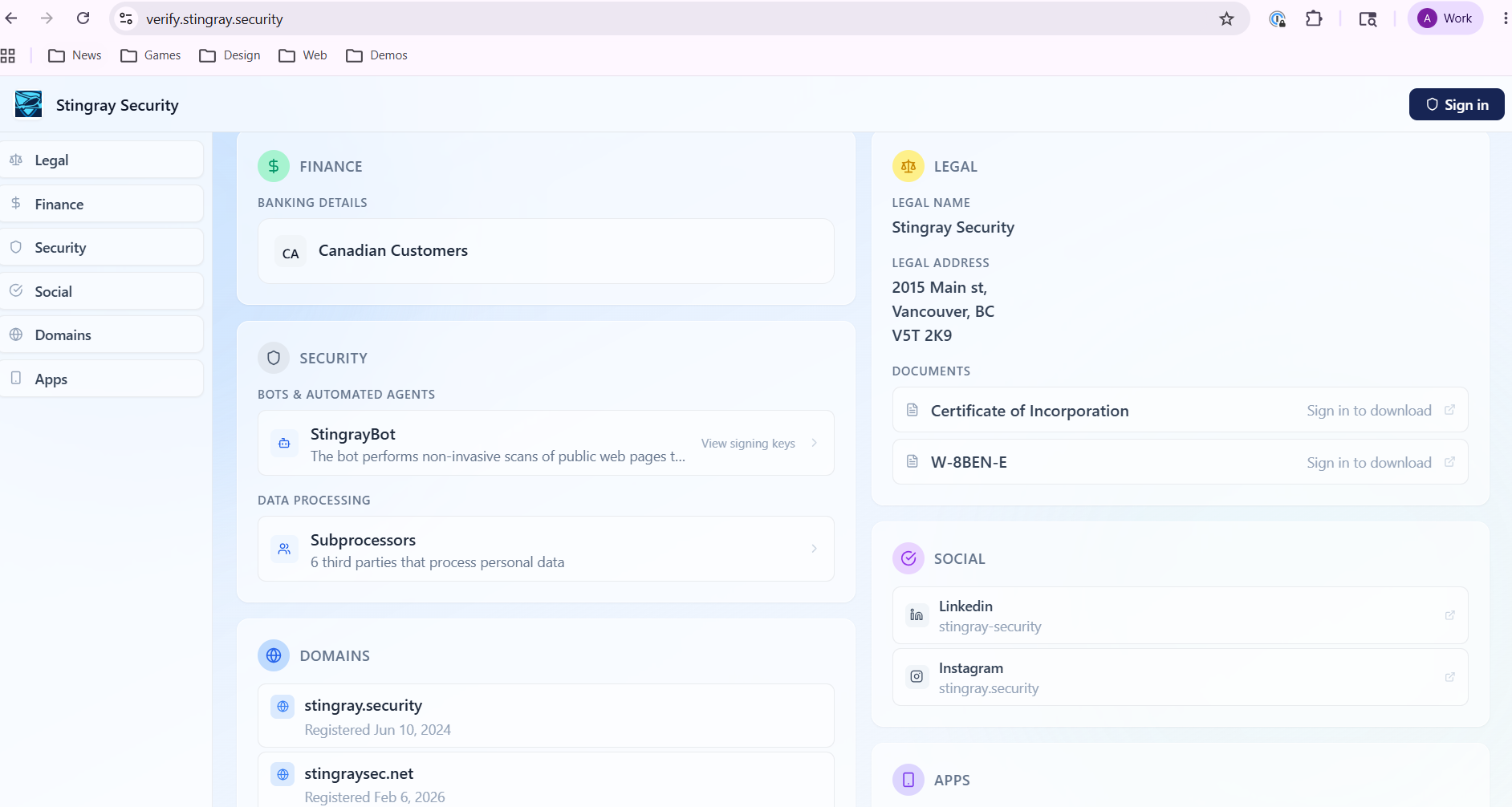 Stingray Verification Portal showing legal address, banking details, social profiles, and verified domain
